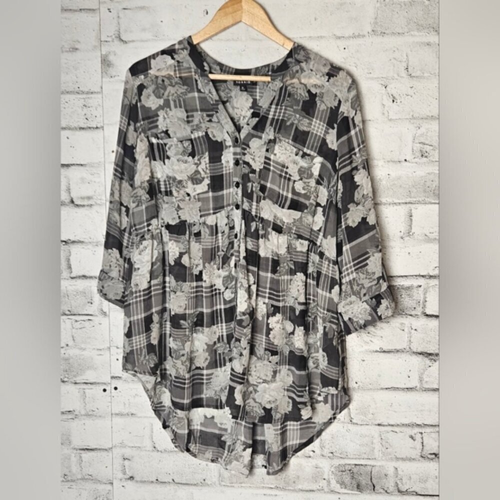 Torrid Emma Floral Plaid Chiffon Babydoll Tunic Blouse 0X